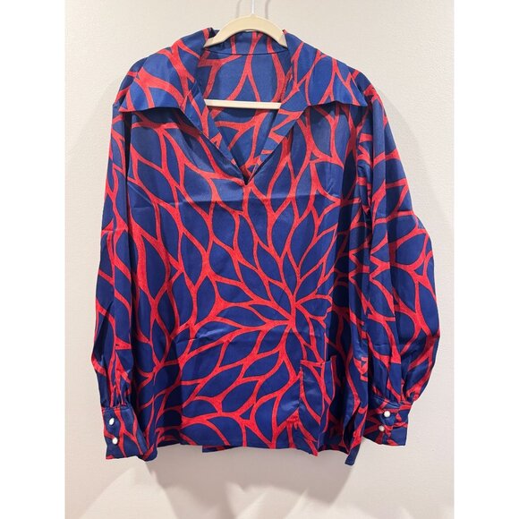 VTG 70s Red & Blue Abstract MCM Print Long Sleeve Blouse Pocket & Lapel Collar - Picture 1 of 10